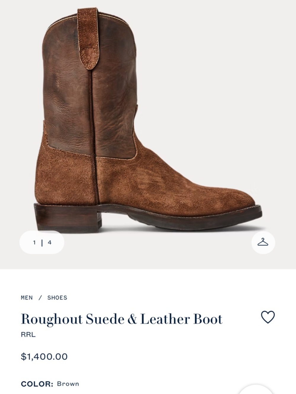 Ralph Lauren Double RL Roughout Brown Suede & Leather Western Boot